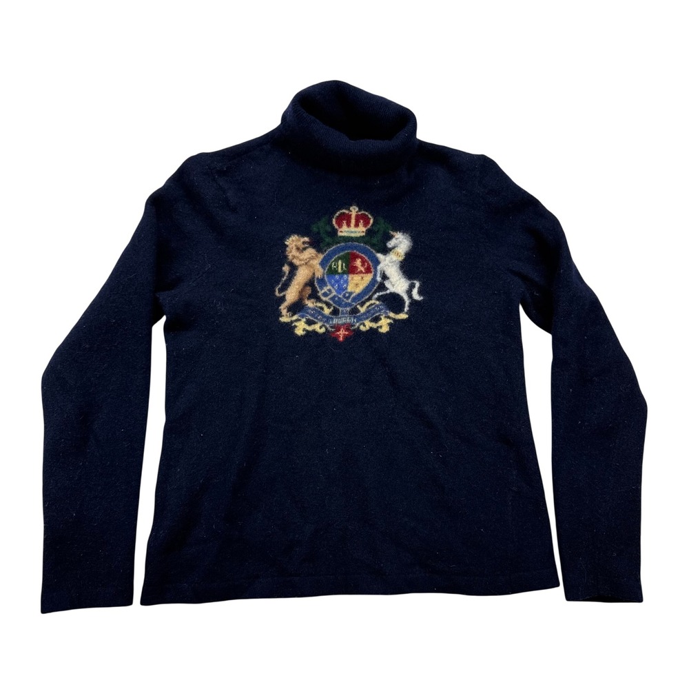Ralph Lauren Navy S VTG Crest Intarsia Turtleneck Cashmere Rabbit Hair Sweater
